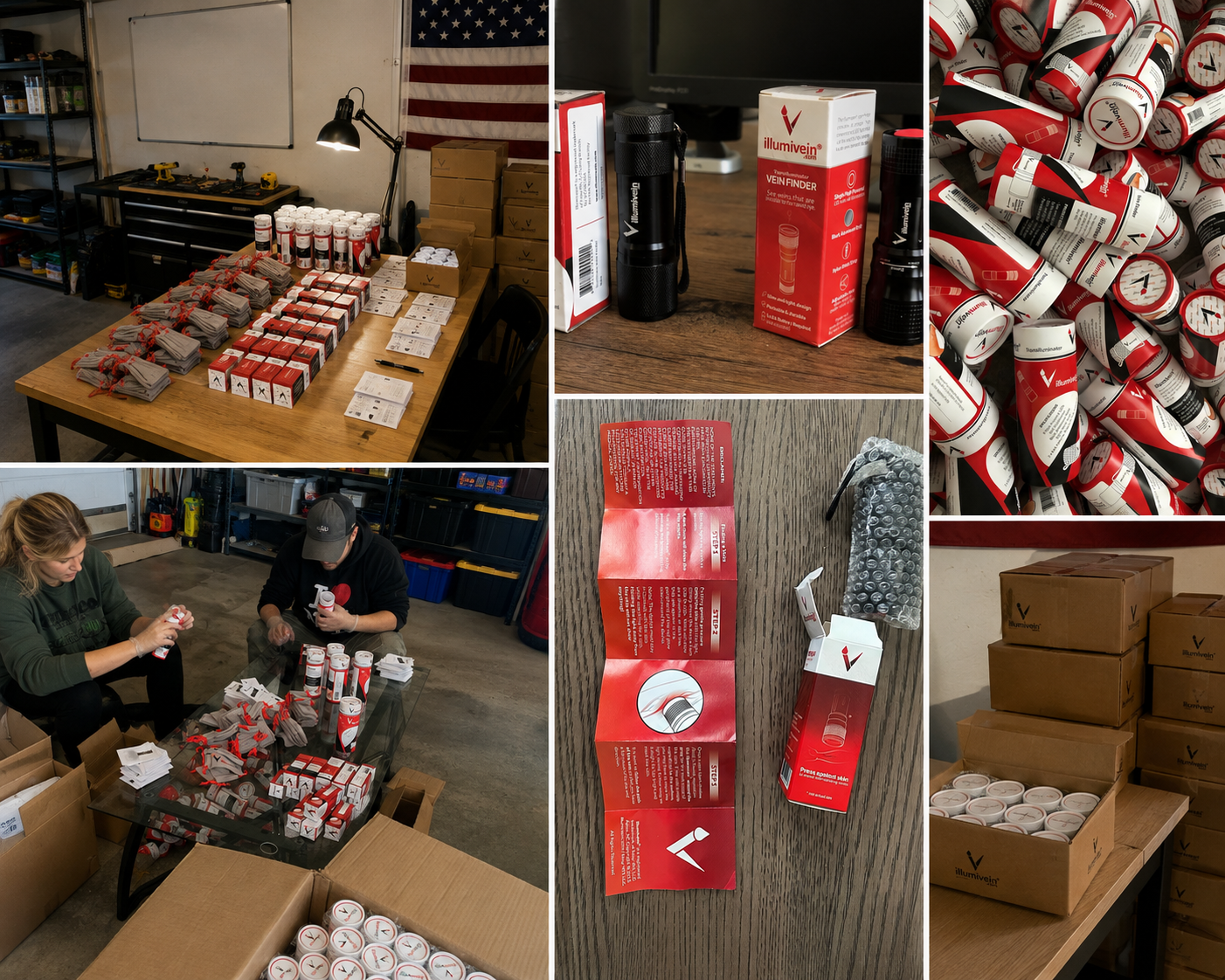 Illumivein in production: the fulfilment bench, packed orders, product packaging and the team packing real customer orders